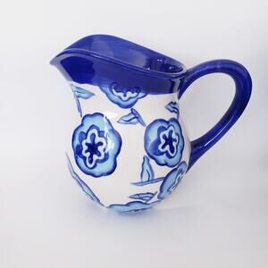 Cobalt Blue and White Floral Pitcher Summer Boho